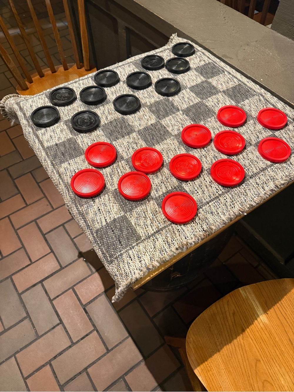 Classic Red and Black Checkers Game Set with Rug